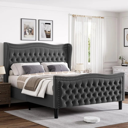 Full Bed Frame with Tall Headboard & Footboard,Velvet Upholstered Platform Bed Frame with Deep Button Tufted Wingback,Customized