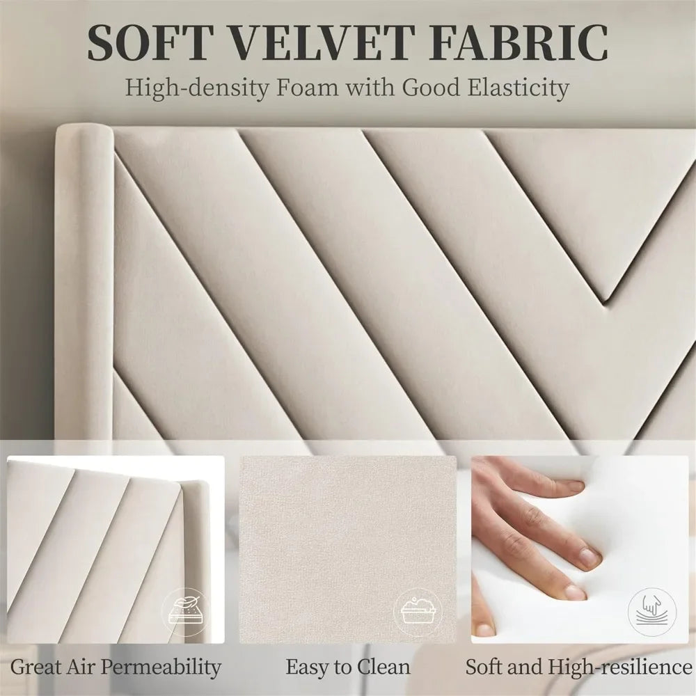 Bed Frame Upholstered Platform Bed with Wing Side/Wooden Slat Support/Tufted Headboard with Wing Side/Mattress Foundation