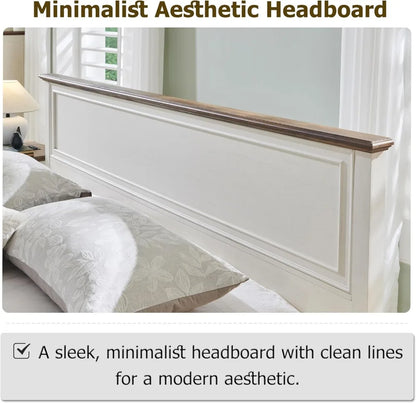 Farmhouse King Bed with Storage Bench and Drawers, Rustic Wood Platform Bed Frame in Antique White