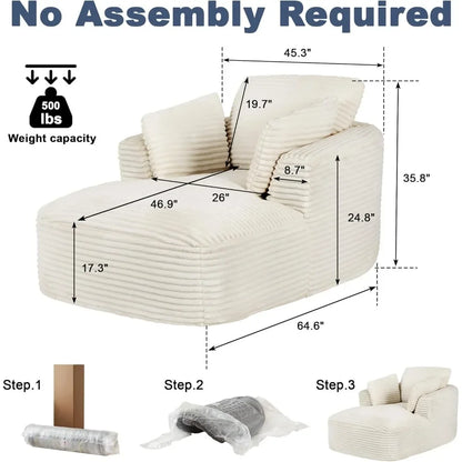 65" Boneless Couch Corduroy Living Room Chairs Luxurious Reading Chair Deep Seat Sleeper Chair Oversized Chaise Lounge Chair