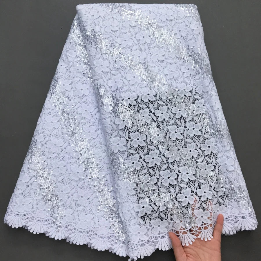 SJD LACE African Sequins Guipure Cord Lace Fabrics 5 Yards White 2025 New Nigerian Water Soluble Lace For Women Dresses Sew 4197