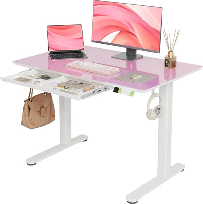 Glass Standing Desk with Drawers, 55×24 Inch Adjustable Stand Up Desk Quick Install Home Office Computer Desk, White