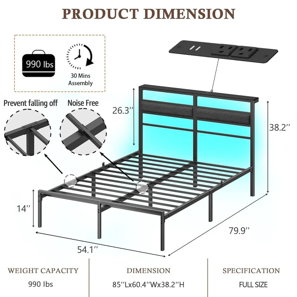 Bed Frame with Headboard, Bed Frame with LED Light and Charging Station, Black Metal Platform, Customized