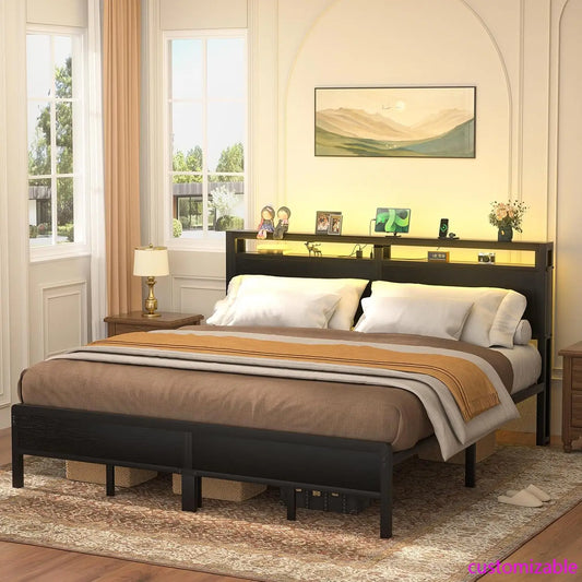 King Size Bed Frame with Headboard & LED Lights, Heavy Duty Metal Platform Bed, No Box Spring Needed, Industrial Design, Black