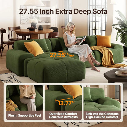 113" L-Shape Modular Sectional Sofa Corduroy Upholstery 3-Seater Cloud Couch Movable Ottoman Living Room Green, Customized