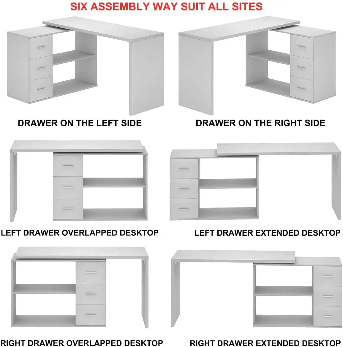 Hot saleHot-sellingWhite L-Shaped Computer Desk with 3 Drawers and 2 Shelves, Reversible Home Office Corner Desk for Writing Stu