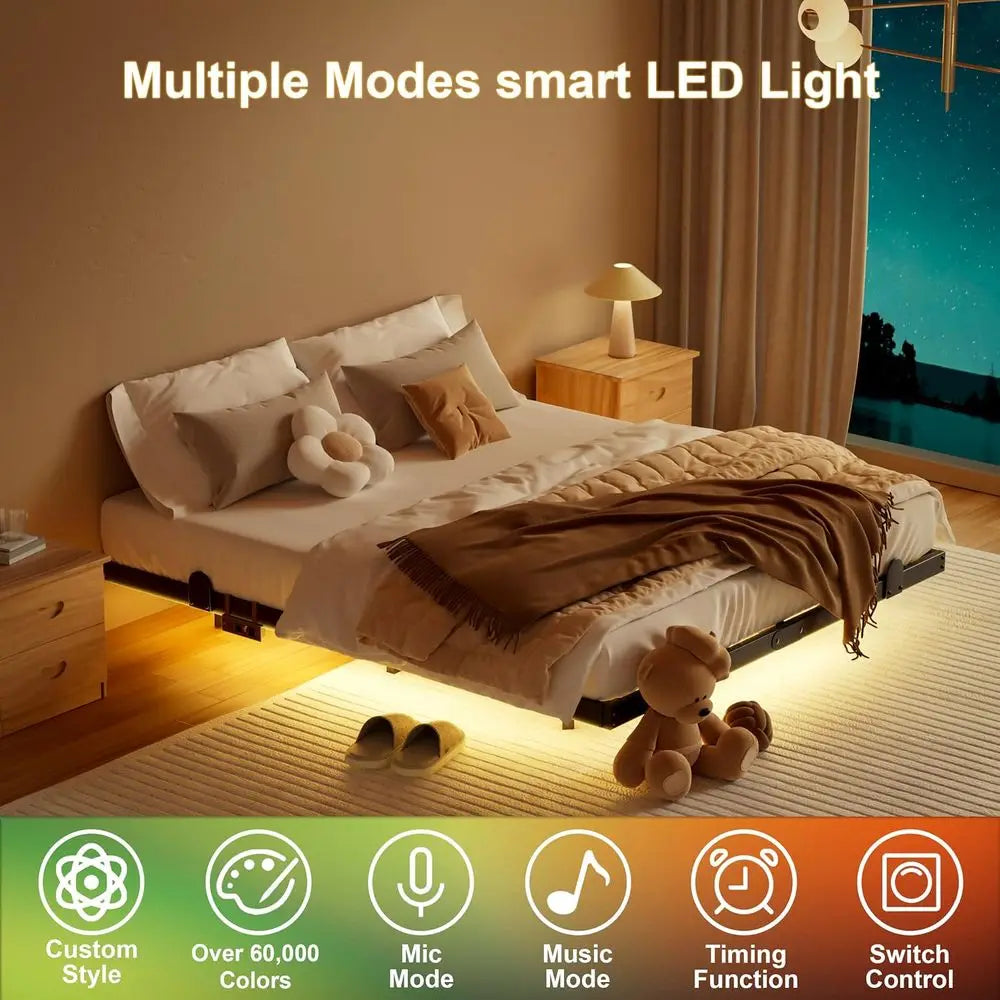 Full Size Modern LED Bed Frame with Floating Design, Smart Lights, and Charging Station