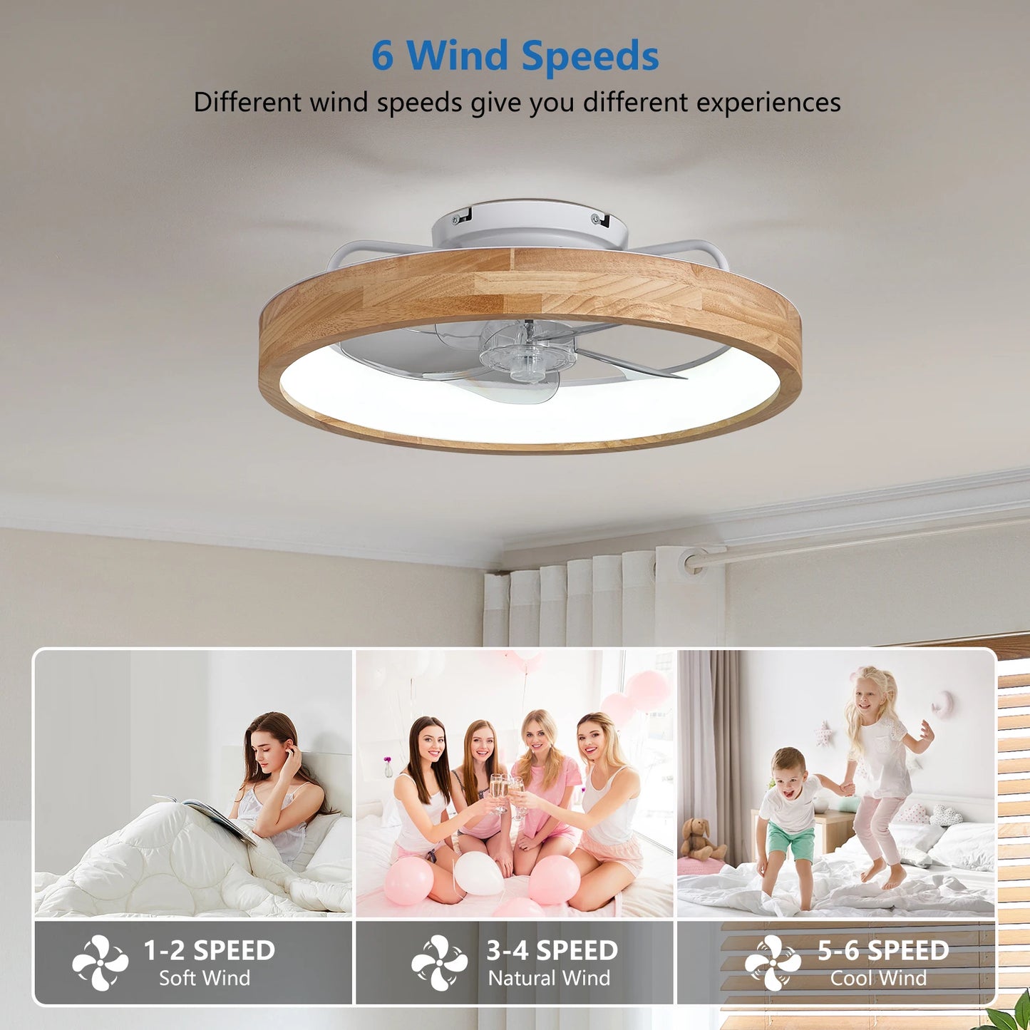 ARLGSITE 20'' Low Profile Ceiling Fans with Lights Modern Flush Mount Wood Ceiling Fan and Remote Dimmable LED Arc Wooden Frame