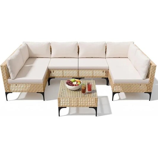 7-Piece Outdoor Sectional Sofa Set with Rattan Seating, Coffee Table, and Ottoman for Patio, Deck, or Poolside