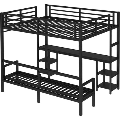 Futon bunk Bed Twin XL Over Queen, Queen loft Bed with futon and Desk and Shelves, LED, USB, Black