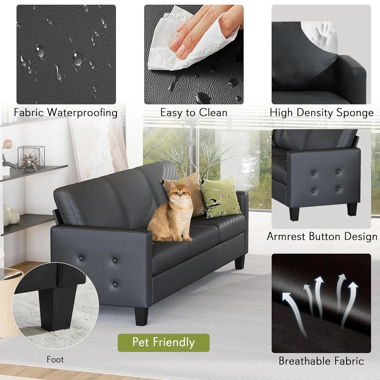 73” Black Faux Leather Sofa Couch, Modern Comfy Office 3 Seater Couch Loveseat with Tufted Armrest and USB, Customized