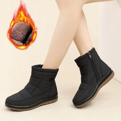 Women's Fleece-Lined Winter Boots with Slip-Resistant PU Sole Chunky Heel & Zipper Closure - Black Round Toe Casual Shoes for Co