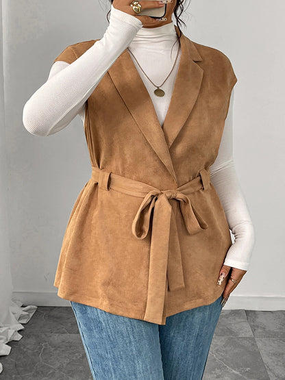 Women Plus Size Sleeveless Vest Autumn Winter Solid Color Lapel Collared Belted Outerwear Work Office Vest with Pockets and