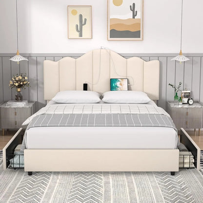 Queen Size Platform Bed Frame with Charging Stations & 4 Storage Drawers, Upholstered Adjustable Headboard, Wooden Slats Support