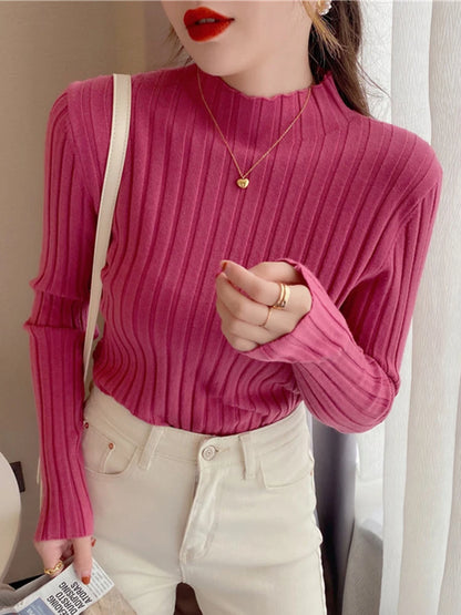 Autumn Winter Knitted Ribbed Turtleneck Sweater Women Clothes 2025 Long Sleeve Slim Basic Pullover Woman Sweaters Solid Tops