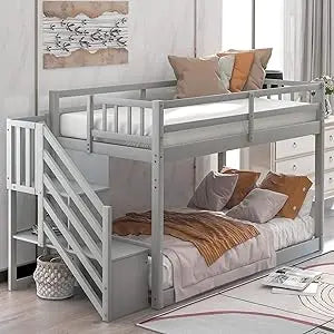 SOFTSEA Twin Over Twin Low Bunk Beds with Slide and Stairs, No Box Spring Needed