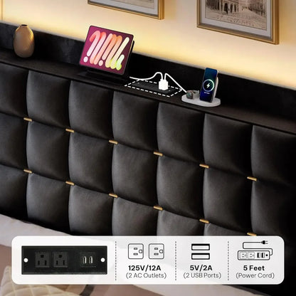 Queen/king Bed Frame with LED Lights 4 Drawers, No Box Spring Needed, Easy Assembly, Velvet Upholstered Platform Bed