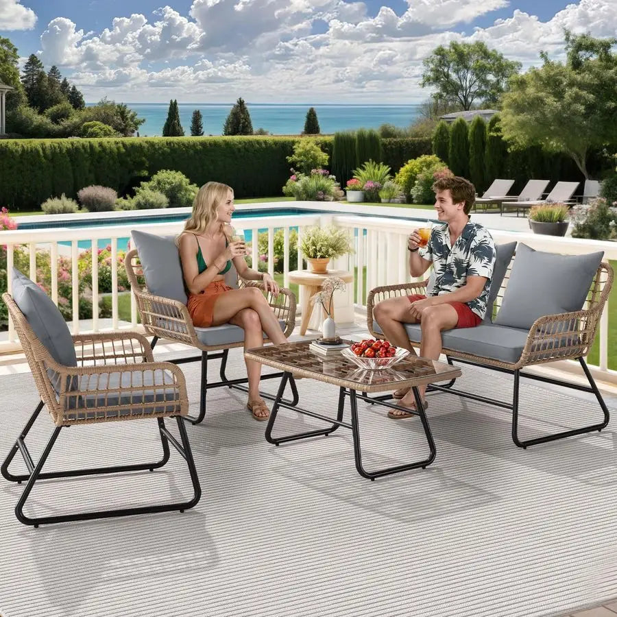 4Piece Patio Furniture Set, Wicker Outdoor Furniture Set with Cushions, Outdoor Table and Chairs for Balcony, Backyard, Deck, A