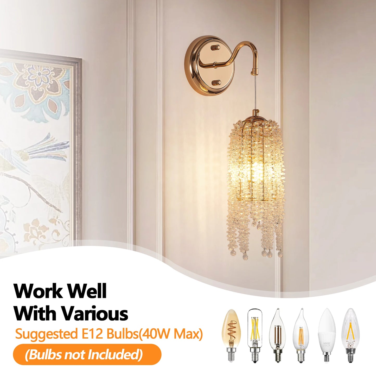 Set of 2 Gold Frame and Cascading Crystal Bead String Wall Sconces, E12 Bulb Socket, Elegant Hanging Light Fixture (No Bulb)