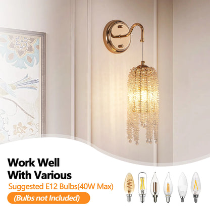 Set of 2 Gold Frame and Cascading Crystal Bead String Wall Sconces, E12 Bulb Socket, Elegant Hanging Light Fixture (No Bulb)