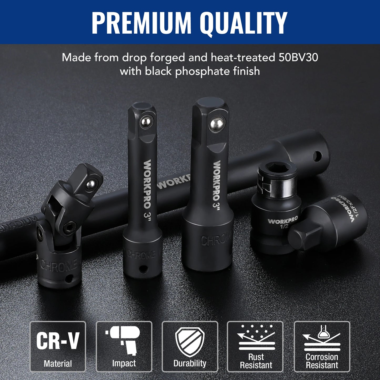 WORKPRO 18Pieces Drive Tool Accessory Set Includes Socket Adapters Socket Extension Bar Swivel Universal Joints Impact Coupler