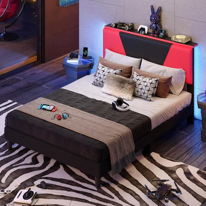 Bestier Queen Corduroy Upholstered Bed Frame with Adjustable Vertical Channel Headboard, LED Platform Bed with Storage Shelf, So