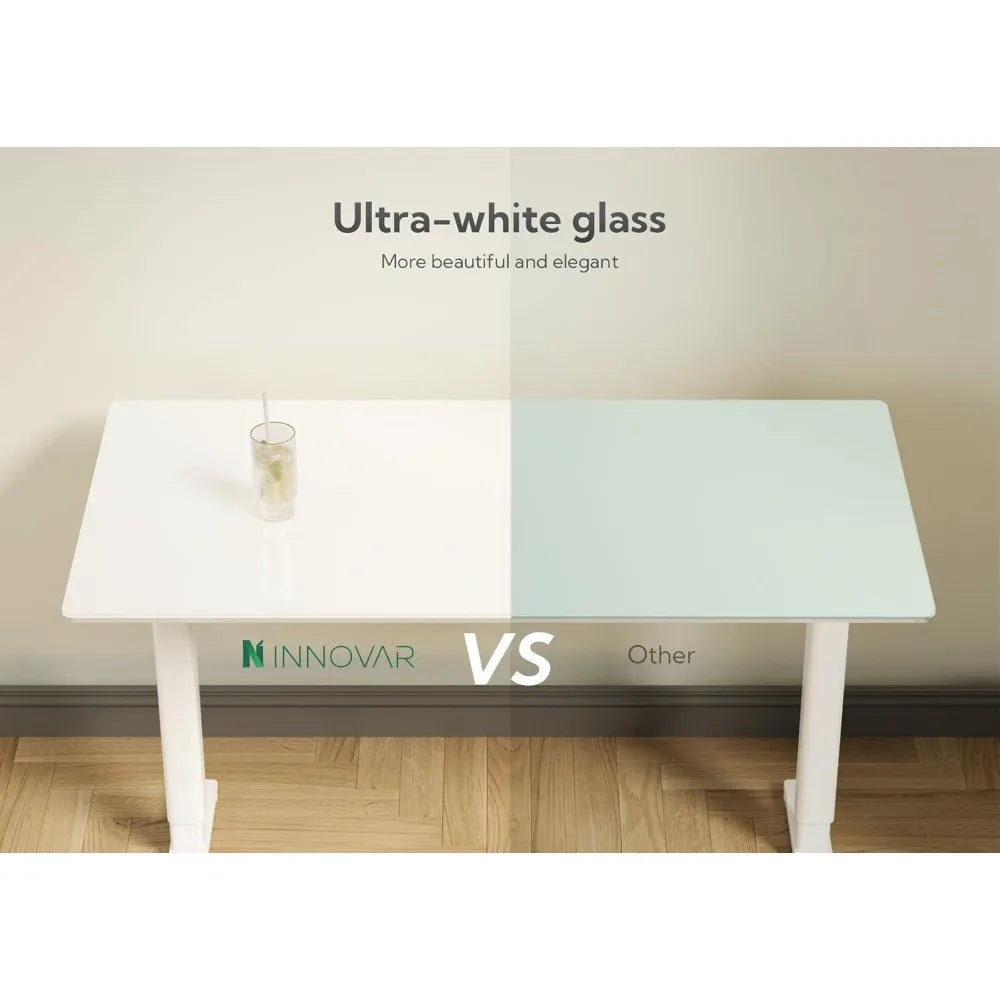 Glass Standing Desk with Drawers, 55×24 Inch Adjustable Stand Up Desk Quick Install Home Office Computer Desk, White