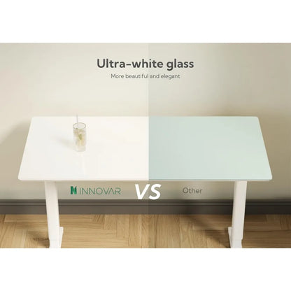 Glass Standing Desk with Drawers, 55×24 Inch Adjustable Stand Up Desk Quick Install Home Office Computer Desk, White