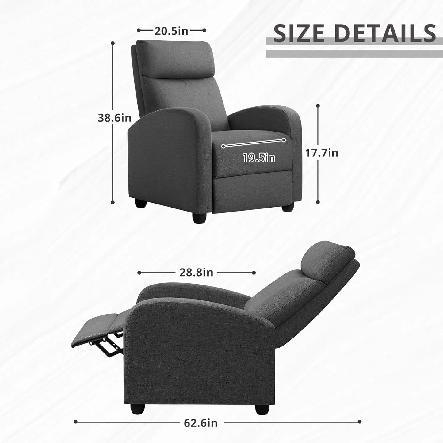 Adjustable Home Theater Recliner Chair - Thick Plush Cushions, Modern Fabric Single Sofa for Living Room (Aurora Grey)