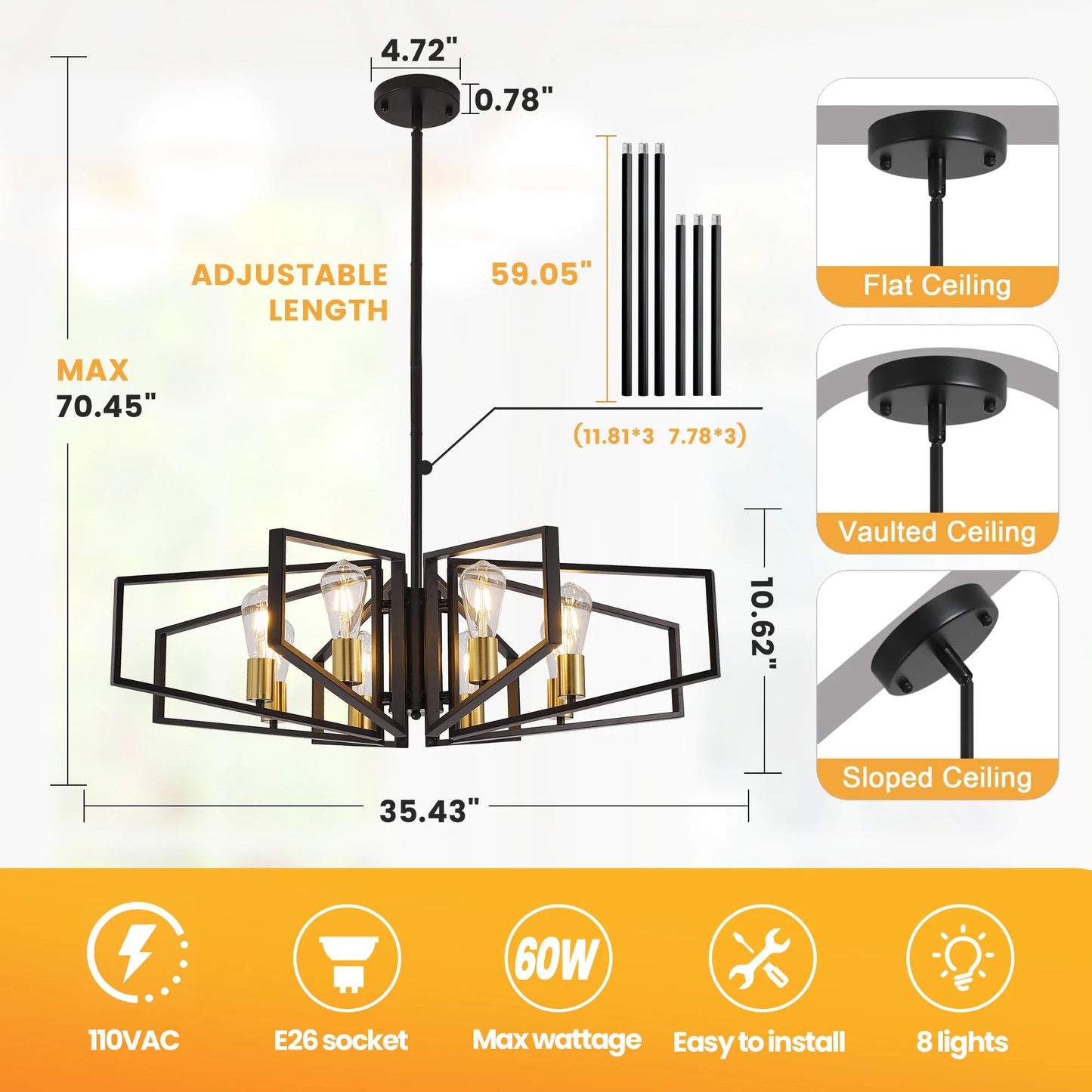 Modern 8-Light Geometric Chandelier Adjustable Height Metal Pendant Light with Black Frame & Golden Accents Ceiling Light Decor
