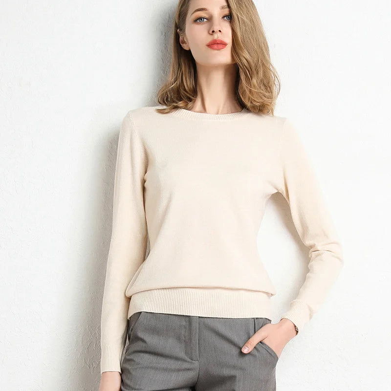 Women Slim O-Neck Pullover Cashmere Wool Blending Sweater Autumn And Winter Long-Sleeved Knit Bottoming Shirt Large Size 2024