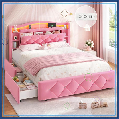 Pink Princess Bed Frame with Storage Drawers, LED Lights & USB Charging - Full Size Girls Platform Bed