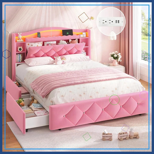 Pink Princess Bed Frame with Storage Drawers, LED Lights & USB Charging - Full Size Girls Platform Bed