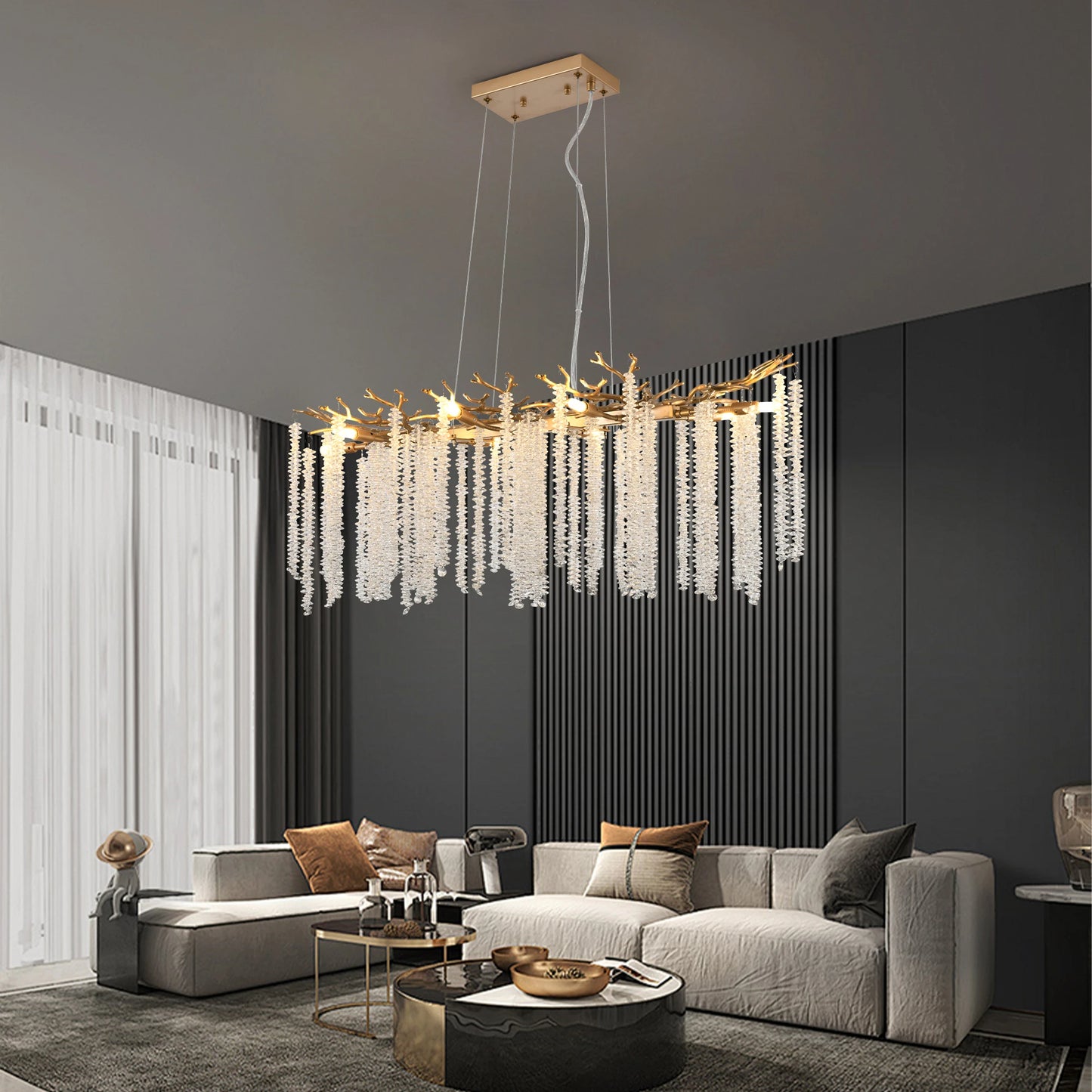 39.4inch Modern Golden Chandelier with Cascading Crystal String, Perfect for Living Room, Dining Room and Foyer, High-End Decorative Lamps (Bulb Not Included)