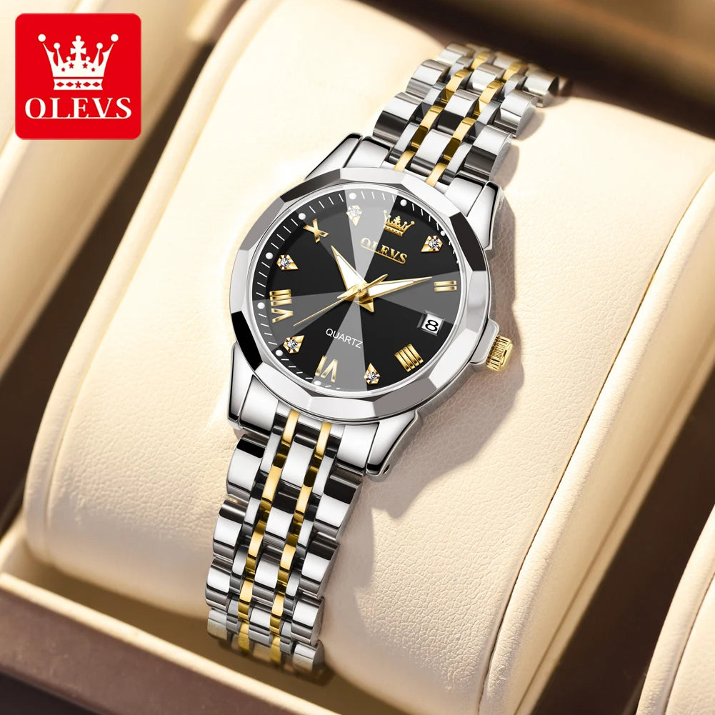 OLEVS Top Brand Elegant Women's Watches Rhombus Mirror Original Quartz Lady Wristwatch Diamond Stainless Fashion Waterproof