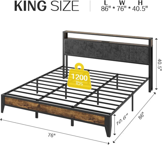 King Bed Frame with Headboard, Metal Platform Bed King Size with 2-Tier Storage, LED Light & Charging Station Type C