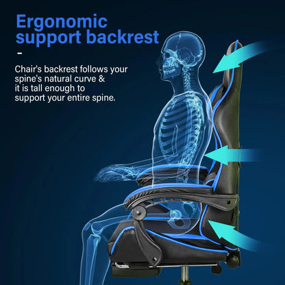 Racing Style Gaming Chair | Black & Blue Dual-Tone, Ergonomic Lumbar Support & Retractable Footrest | 360° Swivel, Full Recline,