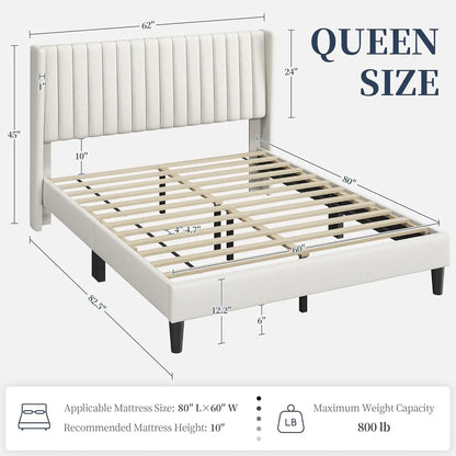 Queen Bed Frame Upholstered Platform Bed with Fabric Headboard, Wing Edge Design/Non-Slip and Noise-Free/Wooden, Customized