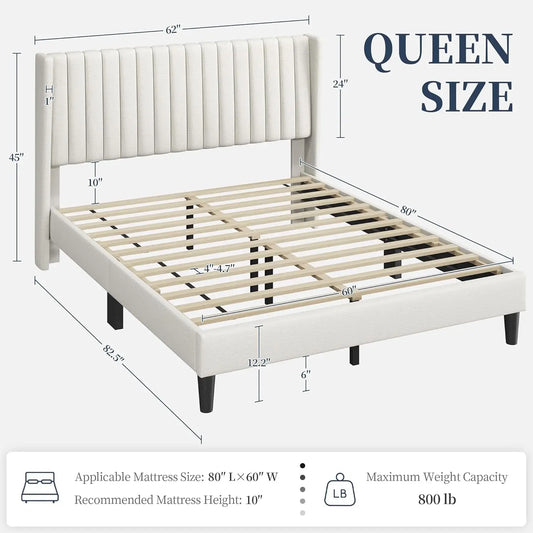 Queen Bed Frame Upholstered Platform Bed with Fabric Headboard, Wing Edge Design/Non-Slip and Noise-Free/Wooden, Customized