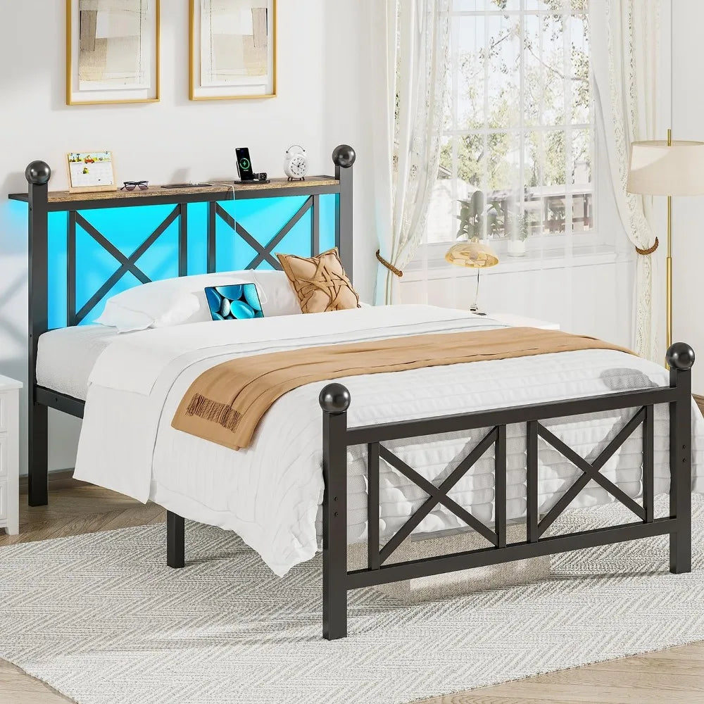 Bed Frame with LED Lights, Heavy Duty Metal Bed with Headboard and Footboard, Storage Shelf with Charging Station