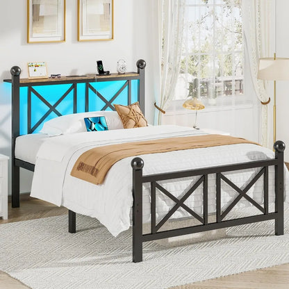 Bed Frame with LED Lights, Heavy Duty Metal Bed with Headboard and Footboard, Storage Shelf with Charging Station
