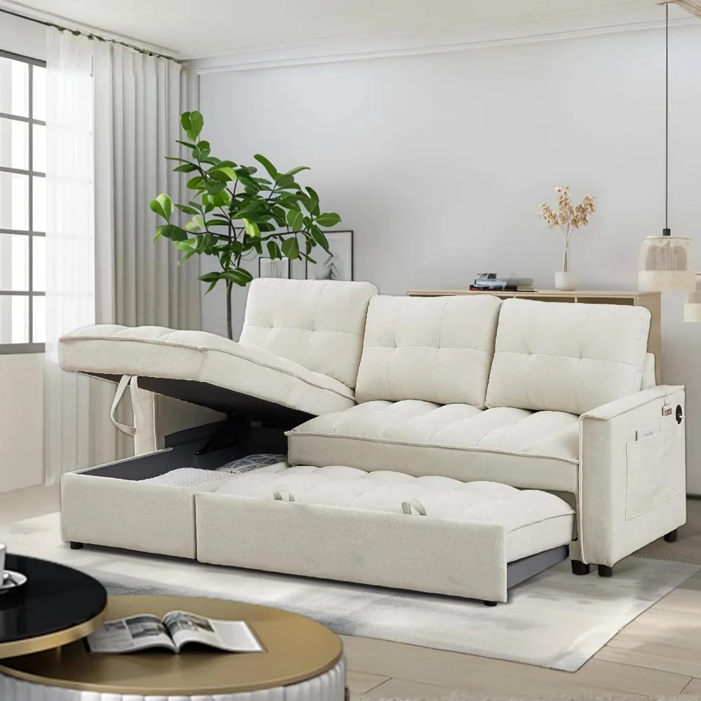 78.75" Sleeper Sofa Couch,Modern L-Shaped Couches, Pull Out Couch with USB Ports&Side Pocket,Sleeper Sectional Sofa for Living