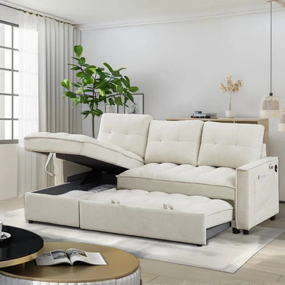 78.75" Sleeper Sofa Couch,Modern L-Shaped Couches, Pull Out Couch with USB Ports&Side Pocket,Sleeper Sectional Sofa for Living