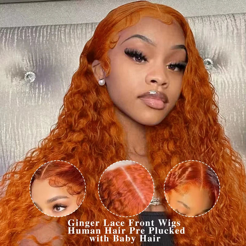 Water Wave Ginger Orange Lace Front Wigs Human Hair 350 Colored Human Hair Wet Wavy Wig for Women Deep Curly Wigs with Baby Hair