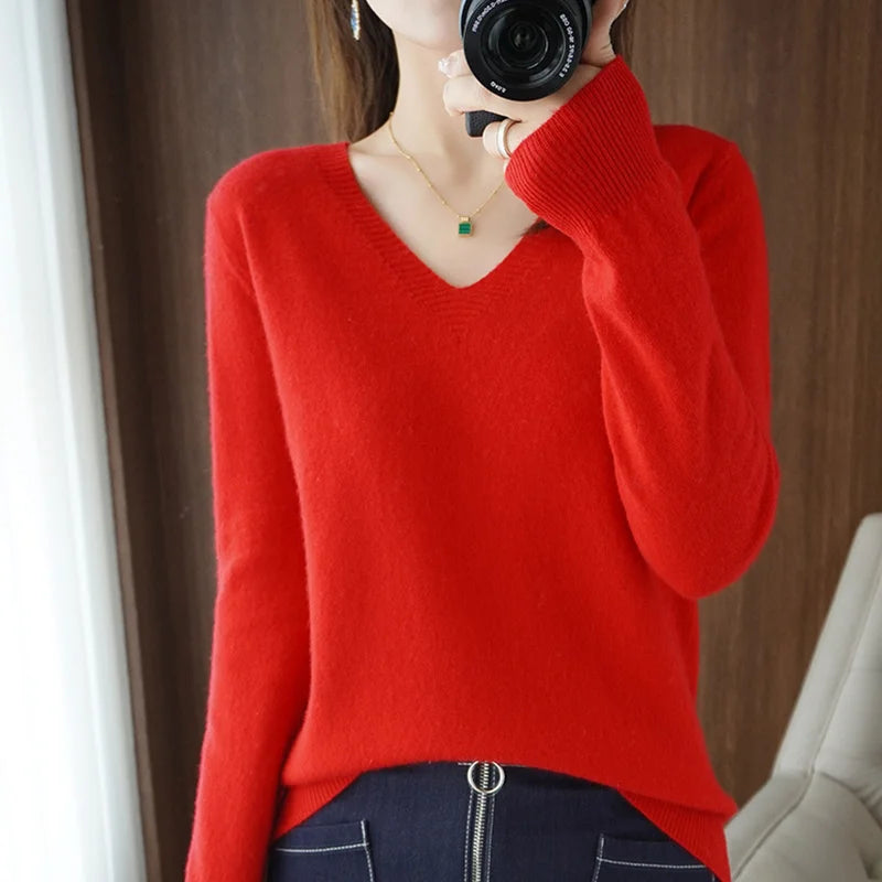 Autumn And Winter Cashmere Sweater New Women's V-neck Pullover Lace Neck Hollow Out Design Casual Knitted Long Sleeve Women's