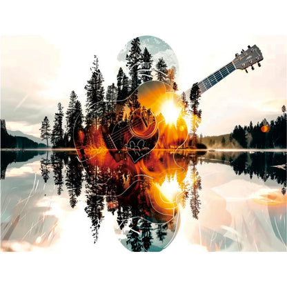 Adult Advanced Wooden Puzzle Game - Lake Reflection and Guitar and Forest Scenes, Thick and Durable Wood, Vibrant Sunset Color, Seamless Edge - Birthday, Halloween, Thanksgiving, Easter Natural and Music Theme DIY Puzzle - Ho