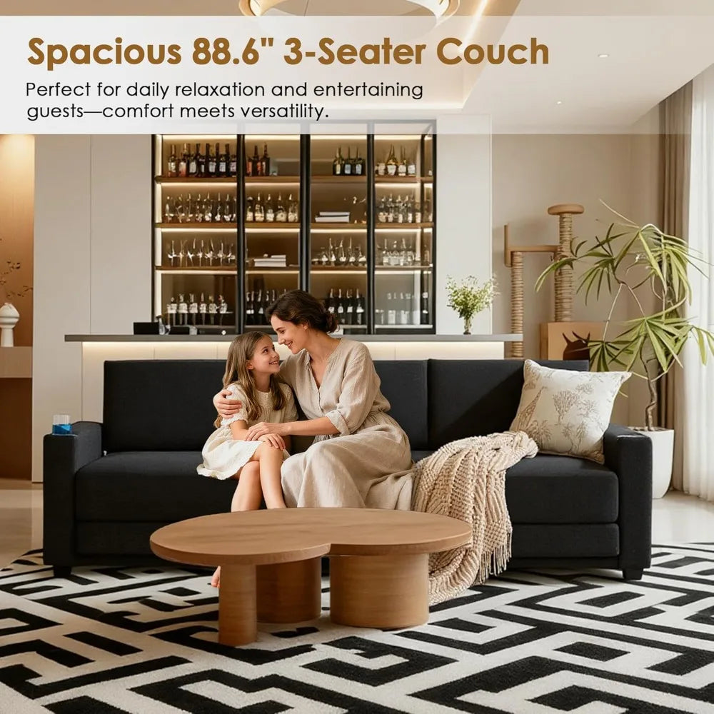 89" 3-Seat Convertible Sleeper Sofa Bed, Black Folding Couch with Cup Holders & Side Pockets, Queen Size Pull-Out Bed