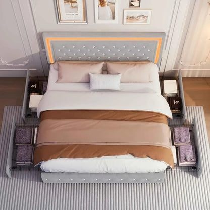 LED Bed Frame, Upholstered Bed with 4 Drawers, Adjustable Upholstered Headboard Diamond Bed Frame, No Box Spring Needed