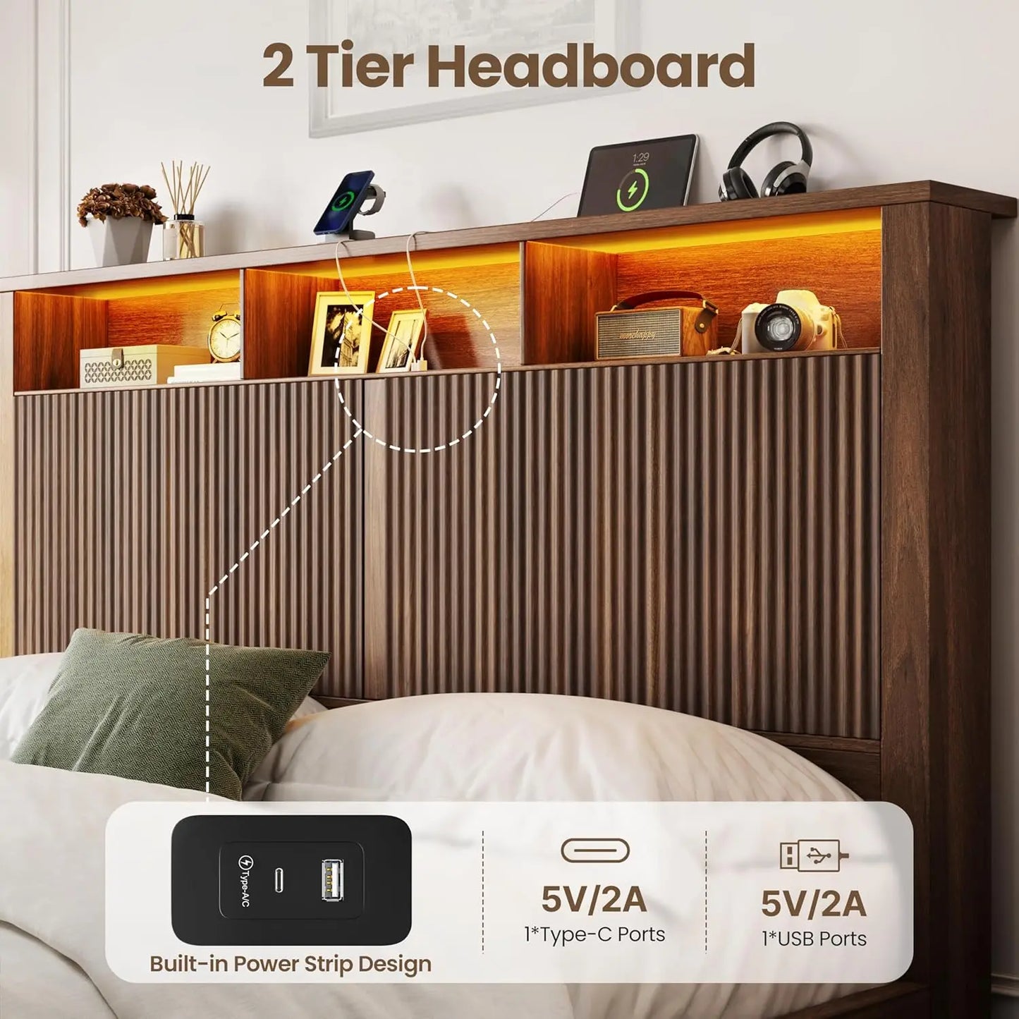 King Bed Frame and Headboard& 2 Storage Drawer, King Size Bed Frame with LED Light and Charging Port, Farmhouse, Customized
