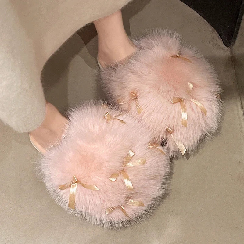 Sweet Bow Decor Fluffy Furry Slippers for Women Comfort Soft Home Plush Slides Shoes Woman Anti Slip Indoor Home Cotton Slipper